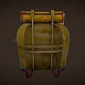 Brown Leather Vintage Backpack With Yellow Buttons Rolled Items Top Wooden Sticks Patched Details