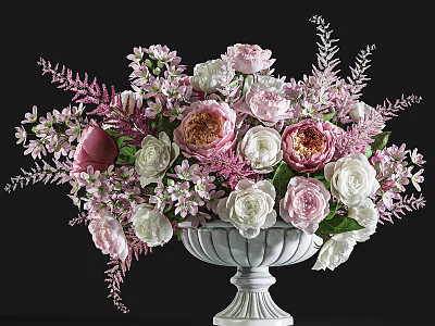Elegant White Vase with Pink and White Roses Peonies and Purple Foliage Decorative Arrangement 3d model