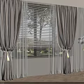Beige Curtains with Sheer Layers Tied At Sides Window Interior With Feather Floor Lamp