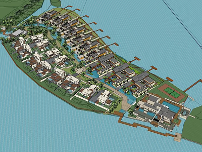 Waterfront Residential Community With Arranged Houses Water Channels Green Spaces And Tennis Court 3d model