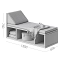 Two Seater Sofa with Wooden Frame Gray Cushion Storage Compartments Draped Striped Blanket and Box