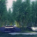 Lush Bamboo Grove Pathway With Stone Steps Lanterns And Decorative Basin 3d model