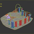 Colorful Playground Structure Featuring Red Curved Slide Blue Pillars And Gray Base