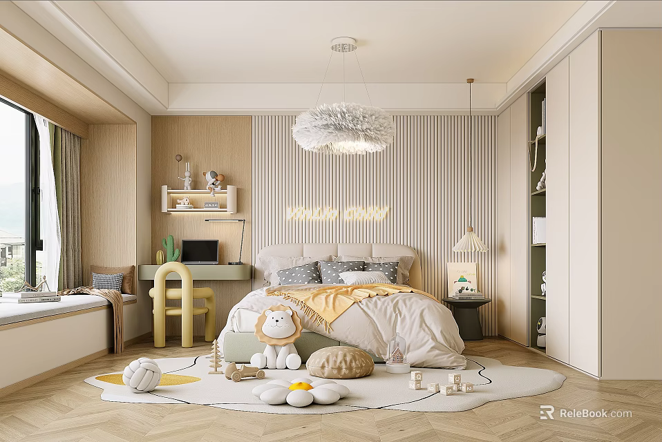 Kids Room Interior Design Featuring Bed Yellow Quilt Stuffed Lion Desk And Toys 3d model 