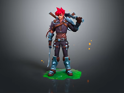 Red Haired Game Movie Character With Axes On Back Metal Armor On Green Grass 3d model