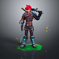 Red Haired Game Movie Character With Axes On Back Metal Armor On Green Grass