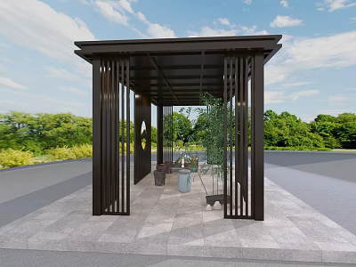 Modern Outdoor Pavilion With Metal Frame Stone Floor Surrounding Greenery And Blue Sky 3d model