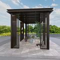 Modern Outdoor Pavilion With Metal Frame Stone Floor Surrounding Greenery And Blue Sky
