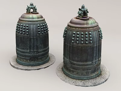 Bronze Bell Sculptures With Intricate Carvings Decorative Dots And Stone Bases 3d model