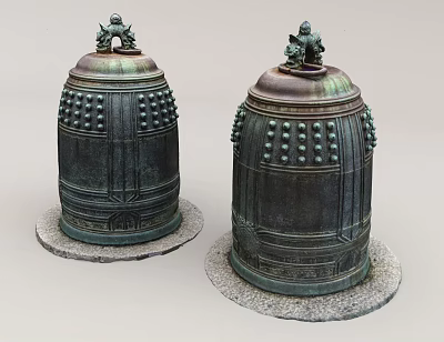 Bronze Bell Sculptures With Intricate Carvings Decorative Dots And Stone Bases 3d model