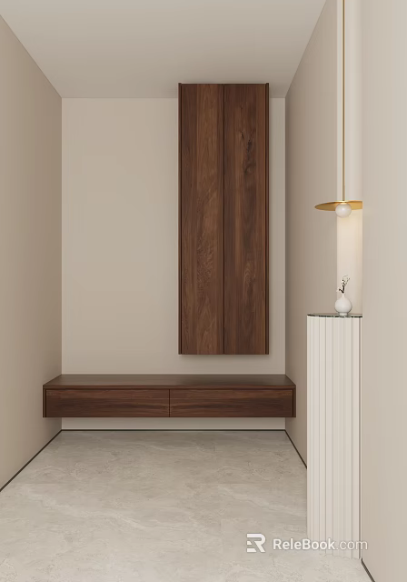 Minimalist Walnut Bedside Table With Drawer And White Column Vase Near Pendant Light 3d model 