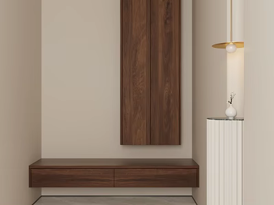 Minimalist Walnut Bedside Table With Drawer And White Column Vase Near Pendant Light 3d model
