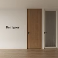 Brown Wooden and Glass Hinged Doors on White Wall with Wooden Floor and Designer Text