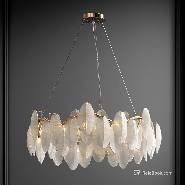 Elegant Feather Design Chandelier with White Shades and Gold Frame Illuminated in Modern Room 3d model 