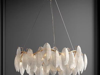 Elegant Feather Design Chandelier with White Shades and Gold Frame Illuminated in Modern Room 3d model