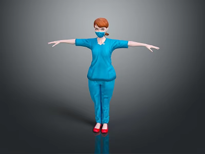 3D Character In Blue Uniform With Face Mask Red Hair And Red Shoes Arms Outstretched 3d model