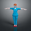 3D Character In Blue Uniform With Face Mask Red Hair And Red Shoes Arms Outstretched