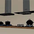 Modern Stainless Steel Range Hoods With Gas Stove And Cookware On Wooden Shelf