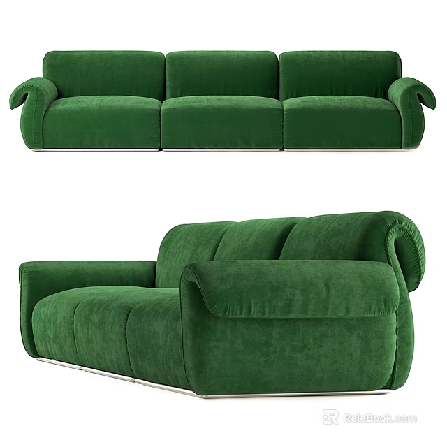 Green Three Seat Velvet Sofa Modern Design With Metal Legs And Armrests 3d model 