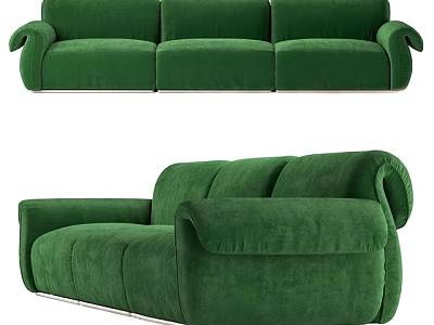 Green Three Seat Velvet Sofa Modern Design With Metal Legs And Armrests 3d model