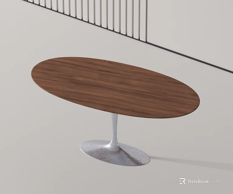Oval Wooden Dining Table with Silver Metal Base in Light Background 3d model 