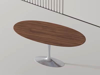Oval Wooden Dining Table with Silver Metal Base in Light Background 3d model