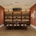 Traditional Chinese Style Display Hall Interior With Wooden Grid Shelves Central Counters And Green Plant