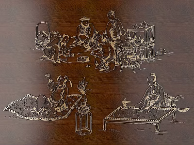 Exquisite Wooden Carving On Brown Surface With Traditional Figural Scenes And Decorative Details 3d model