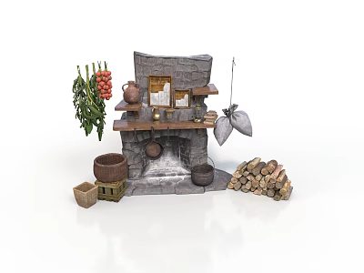 Traditional Stone Cooking Structure With Hanging Herbs Clay Pots and Firewood Stack 3d model