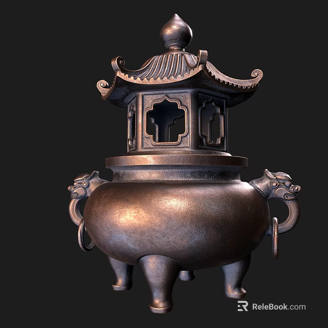 Traditional Chinese Decorative Bronze Garden Ornament With Pagoda Top And Animal Head Handles 3d model 