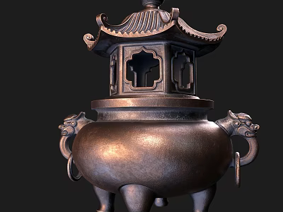 Traditional Chinese Decorative Bronze Garden Ornament With Pagoda Top And Animal Head Handles 3d model