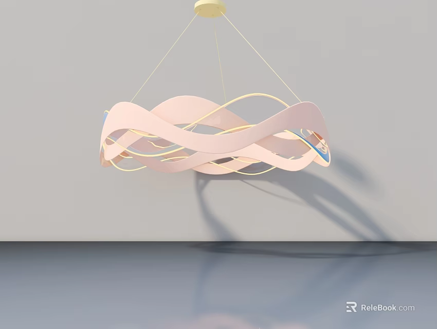 Swing Door With Modern Pink Yellow Curved Chandelier And Gray Background Reflection 3d model 