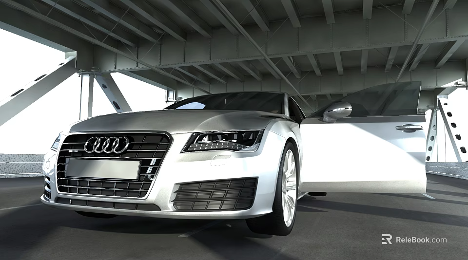 Silver Audi Car With Open Door And Modern Metal Roof Structure Front View 3d model 