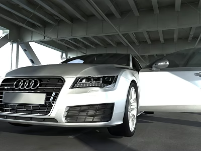 Silver Audi Car With Open Door And Modern Metal Roof Structure Front View 3d model