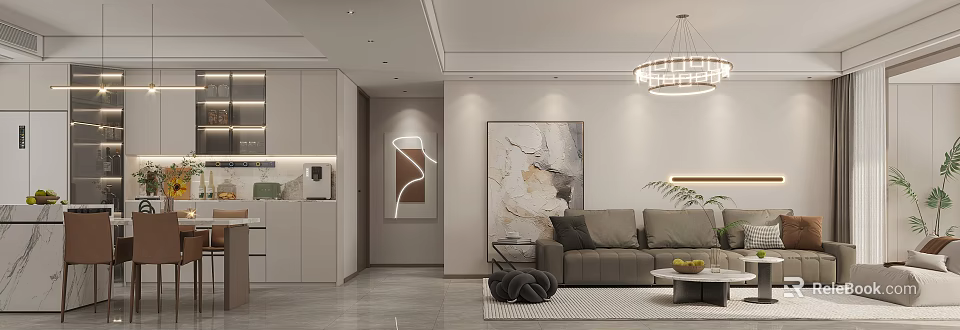 Modern Living Dining Room Interior With Gray Sofa Wall Art And Hanging Light 3d model