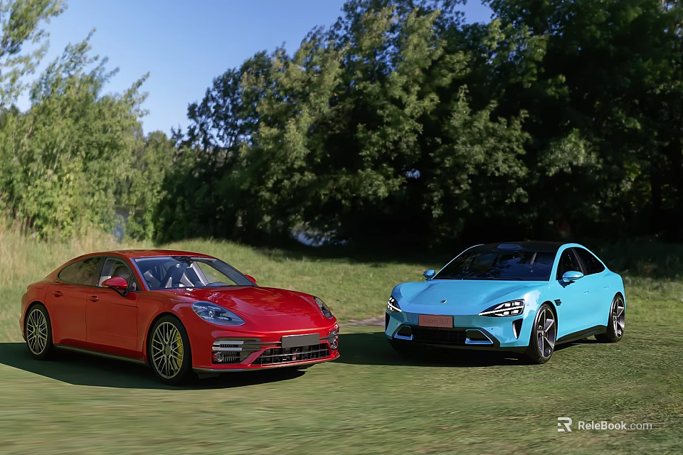 Two Colorful Cars Parked On Grass Near Trees 3d model 