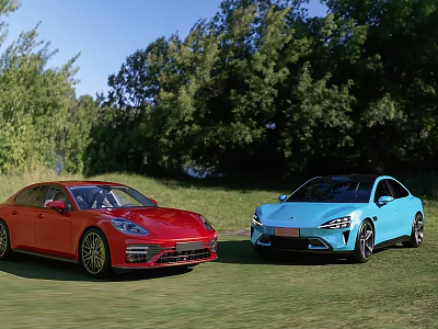 Two Colorful Cars Parked On Grass Near Trees 3d model