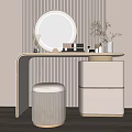 Stylish Dressing Table With Round Gold Frame Mirror Cosmetics Vase Plants And Stool