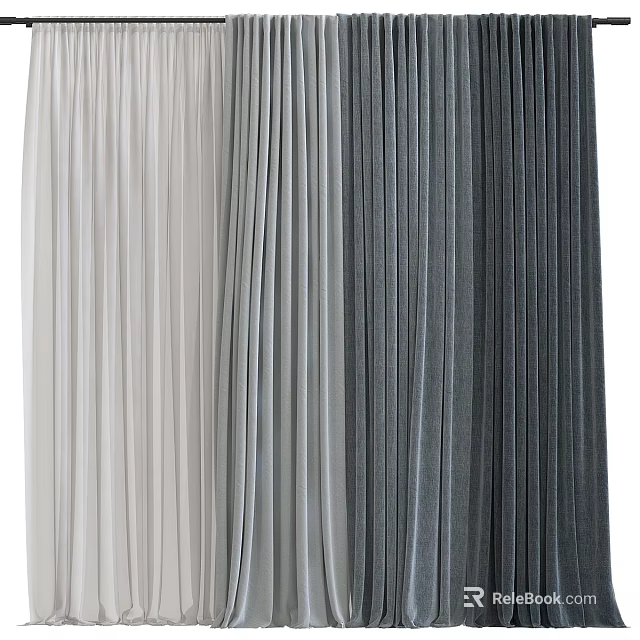 Pleated Curtains in White Light Gray and Dark Gray with Flowy Drapery Texture 3d model 
