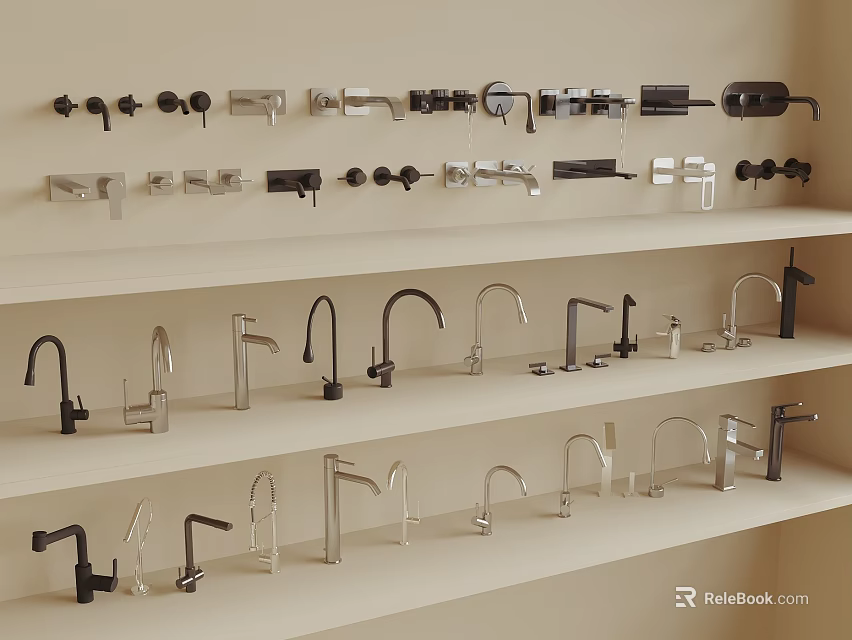 Bathroom and Kitchen Faucets Display on Shelves With Various Modern Styles and Finishes 3d model 