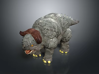 Fantasy Creature With Gray Scaly Skin Brown Horns Yellow Eyes Open Mouth And Yellow Claws 3d model