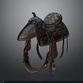 Brown Leather Saddle With Blue Yellow Geometric Patterns And Decorative Straps