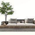 Modern Multi Seat Sofa with Gray Cushions Wooden Frame Side Table and Potted Tree