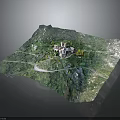 Modern 3D Terrain Model With Central White Building And Green Landscape Roads