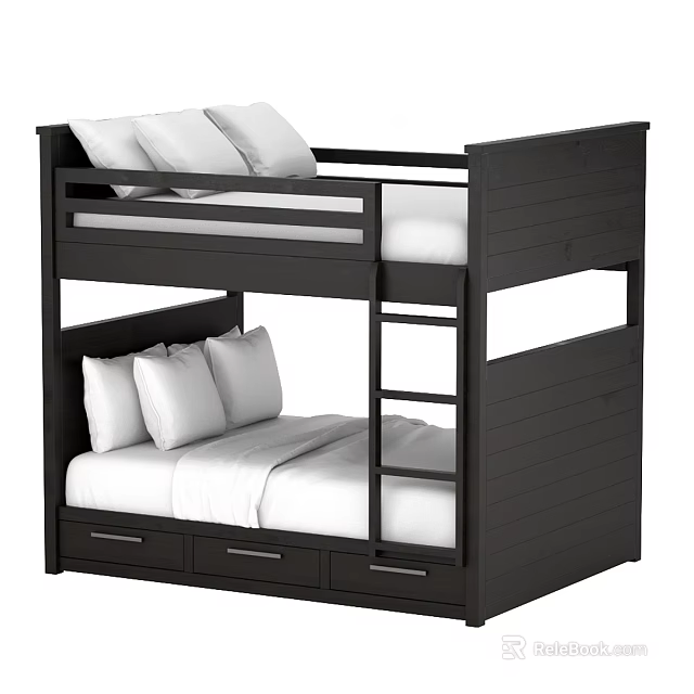 Black Wooden Bunk Bed With Ladder Drawers And White Mattress Pillows 3d model 