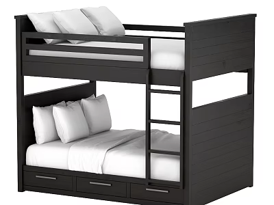 Black Wooden Bunk Bed With Ladder Drawers And White Mattress Pillows 3d model
