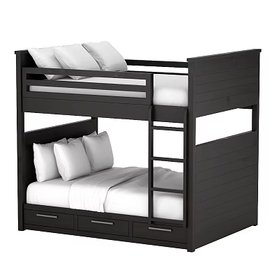 Black Wooden Bunk Bed With Ladder Drawers And White Mattress Pillows 3d model