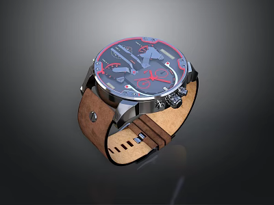 Stylish Modern Watch Accessory With Brown Leather Strap Silver Dial And Red Hands 3d model