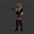 Woman With Curly Hair In Leather Jacket Holding Gun With Extended Arm Against Gray Background