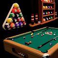 Billiard Table With Colored Balls Wooden Cues And Triangle Rack Sports Equipment